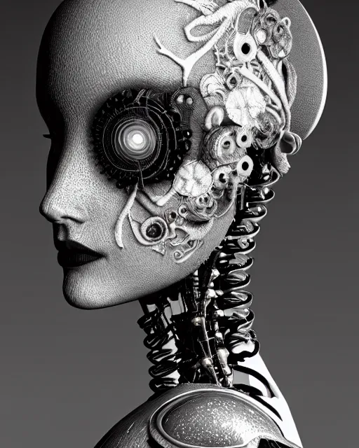 Image similar to black and white dreamy foggy smoky profile face portrait, one silver steampunk realistic eye biomechanical beautiful young female cyclope - cyborg - robot bust, body ribs meshes,, volumetric light, hibiscus flowers, by hg giger, rim light, big gothic fashion pearl embroidered collar, 8 k