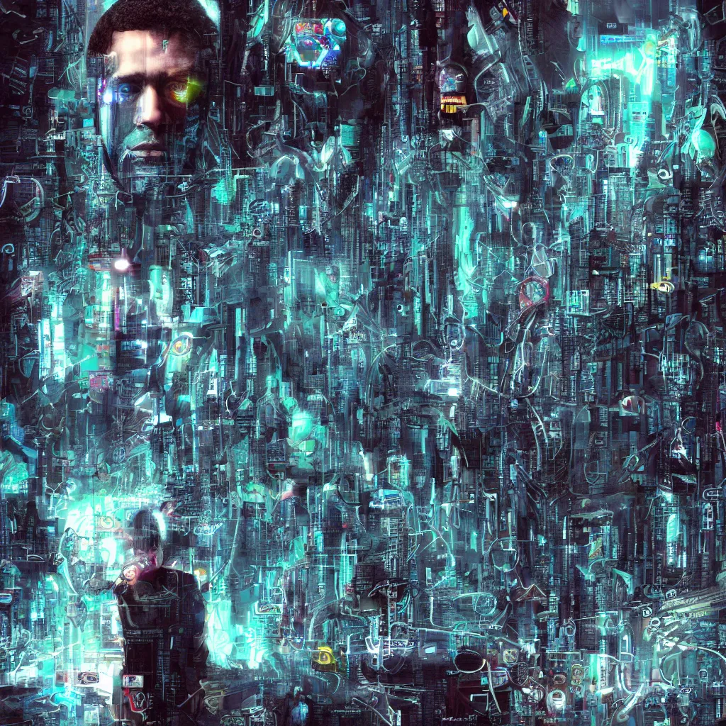 Prompt: all-seeing face of the digital god; cyberpunk-mysticism