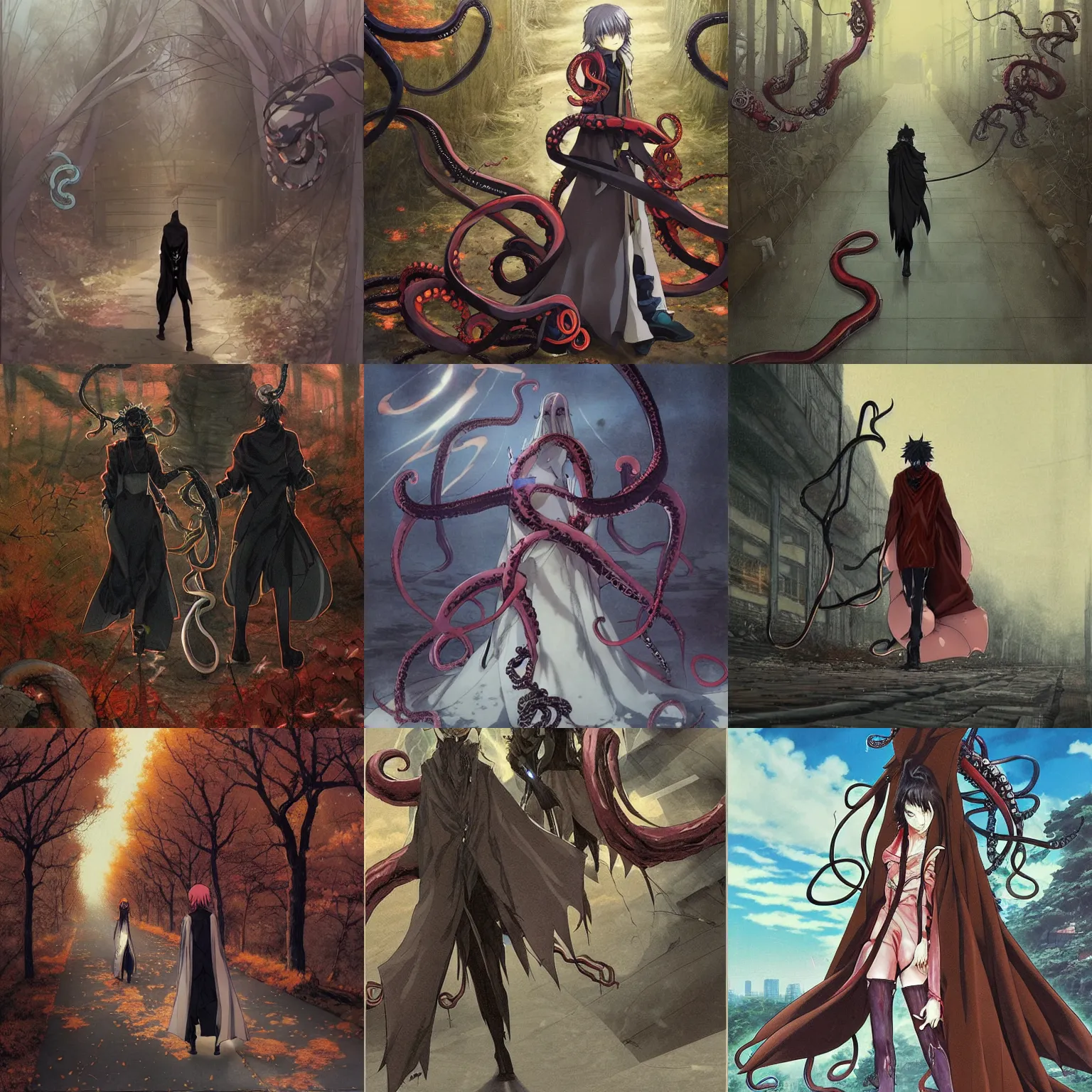 Prompt: an anime art piece by yuji ikehata and satoshi kon, of snake character wearing a long bat cloak with two tentacles in place of arms, they are walking along a cold autumn road mid day