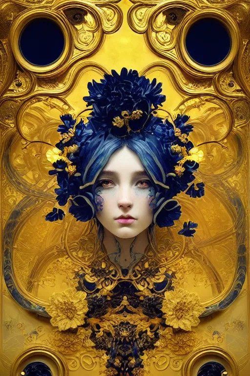 Image similar to beautiful black blue yellow, complicated gold and blue flowers the baroque style decoration, dark fantasy, intricate, elegant, highly detailed, digital painting, artstation, concept art, matte, 3 d 8 k octane rendered, sharp focus, illustration, octane rendered, art by artgerm and alphonse mucha, leesha hannigan