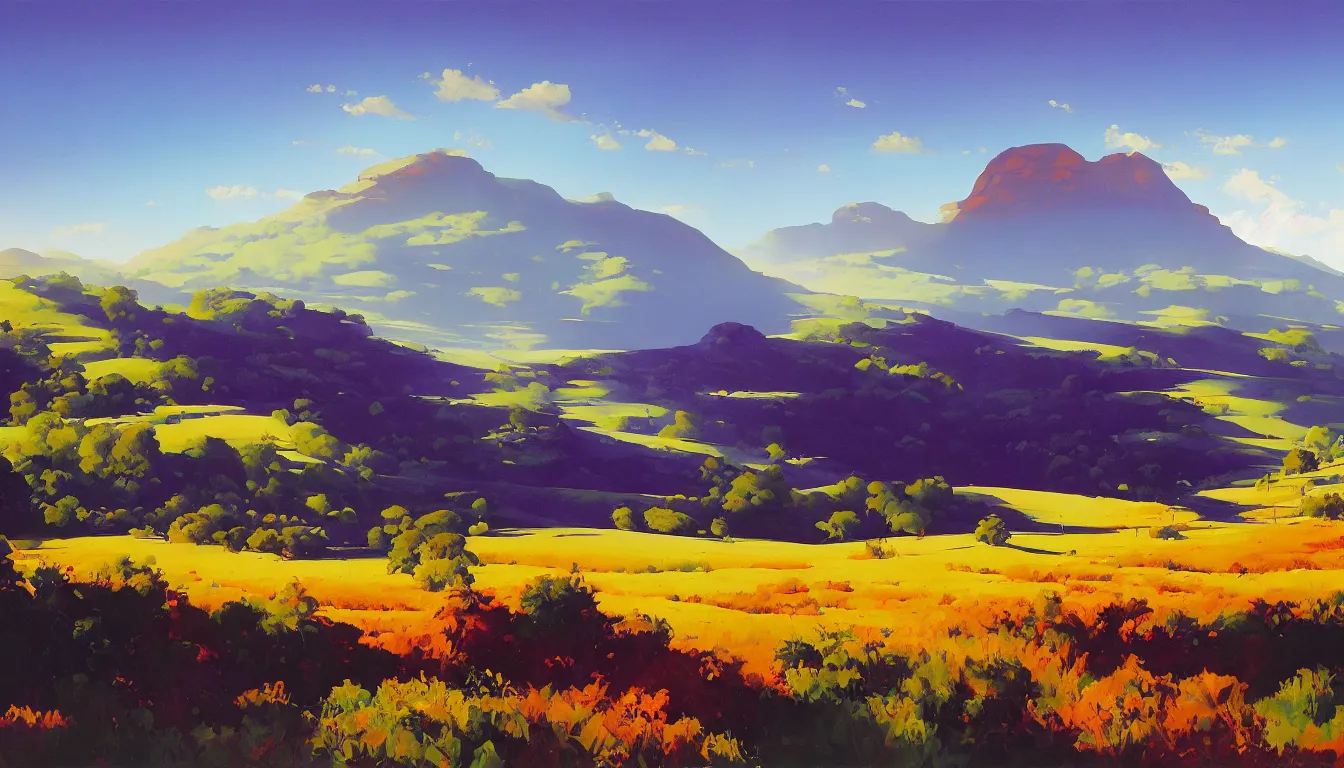 Prompt: a brilliant lush landscape, in the style of james gurney, by rhads, blue purple orange colours