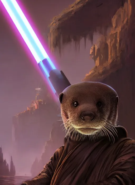 Image similar to portrait, anthropomorphic otter wearing Jedi robes in a futuristic river town. Dramatic lighting, cinematic, establishing shot, extremely high detail, photo realistic, post processed, artstation, matte painting, style by eddie mendoza, raphael lacoste, alex ross