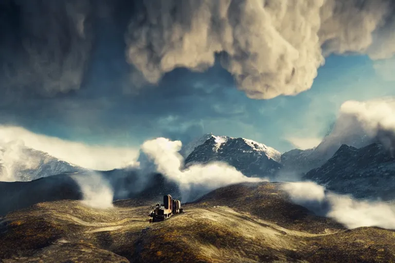 Image similar to steam engine in the mountains with huge steam clouds, snowy mountains in the background , ultra low camera angle, super wide lens, tilted camera, high speed motion, cinematic, ultra resolution, octane render, top trending artstation, 4k, 8k, hyper realistic, digital art, incredible details,