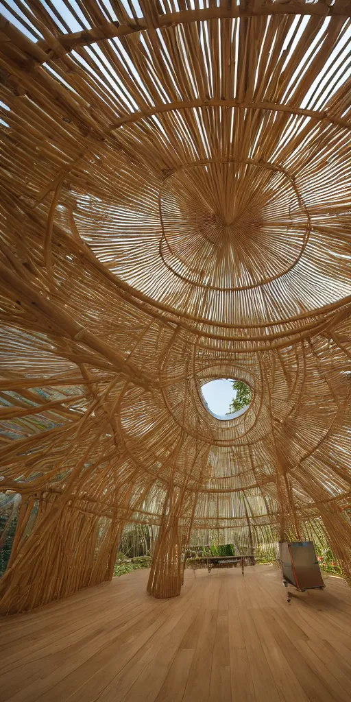 Prompt: inside small pavilion made of bundled bamboo by andrew kudless. architectural photography. 4 k, 8 k. volumetric lighting. 1 0 people in the pavilion. complex curved intersecting vaulted structure. bundled branching columns grow into into roof. futuristic hydroponic garden, white concrete floor.