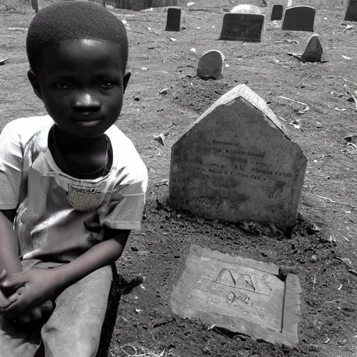 Image similar to a nigerian boy sitting next to a grave, the grave has an engraved text that says rip anglettere super detailed, accurate text, sunflare.