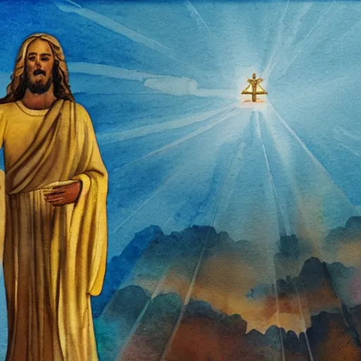 Prompt: a watercolor painting of a golden statue of jesus in the middle of an ocean with a beam illuminating it, detailed