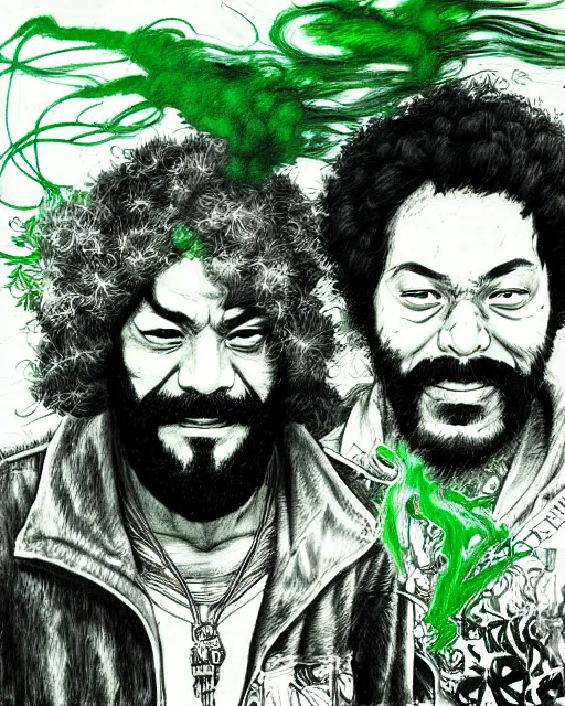 Image similar to portrait of cheech and chong, concept art, sumi - e style, intricate linework, green smoke, artstation, trending, highly detailed, smooth, focus, art by yoji shinkawa,