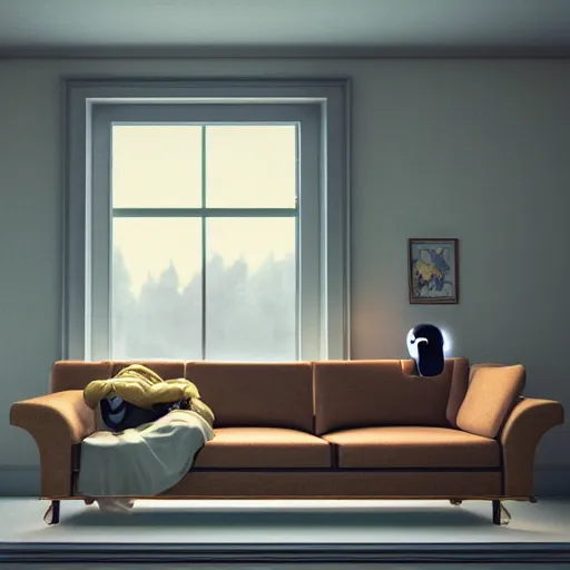 Image similar to Lonely and depressed robot sitting on a couch in front of a large fireplace in a Victorian home in the future. octane render, extremely detailed, 10000K color temperature cinematic lighting, 8k, lens flare, cinematic movie photograph, closeup portrait, trending on artstation, cgsociety, award-winning art, by Simon Stalenhag.