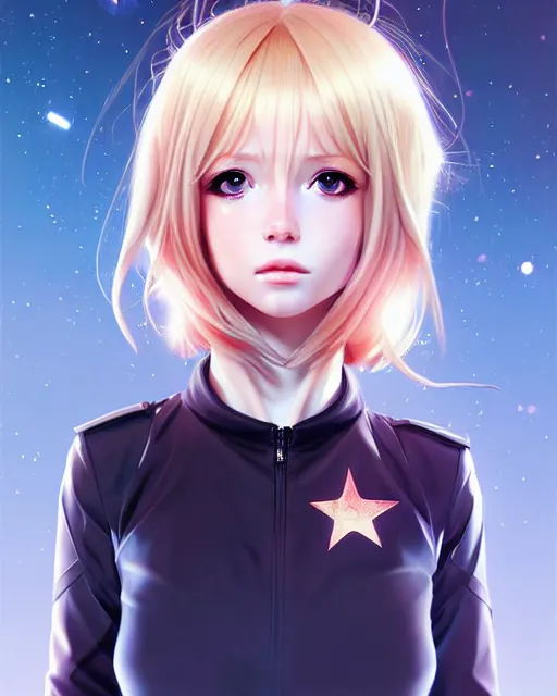 Image similar to portrait Anime freckled blonde space cadet girl Anna Lee Fisher anime cute-fine-face, pretty face, realistic shaded Perfect face, fine details. Anime. realistic shaded lighting by Ilya Kuvshinov Giuseppe Dangelico Pino and Michael Garmash and Rob Rey, IAMAG premiere, aaaa achievement collection, elegant freckles, fabulous
