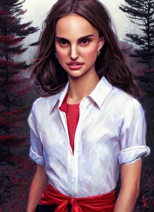 Image similar to portrait of teenage natalie portman, long haircut, flowing dark hair, white shirt, red tie, smiling kindly, forest at background, 1 9 8 0 s, intricate, elegant, glowing lights, highly detailed, digital painting, artstation, concept art, smooth, sharp focus, illustration, art by wlop, mars ravelo and greg rutkowski