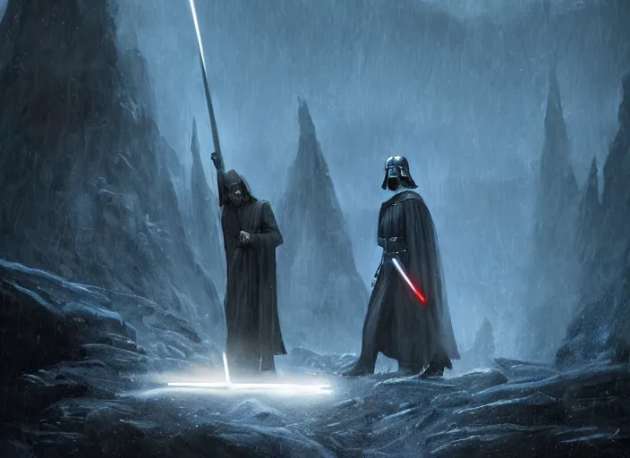 Prompt: gandalf throwing magic at darth vader, beautiful landscape, dramatic lighting, cinematic, establishing shot, night time, heavy rain, extremly high detail, photorealistic, cinematic lighting, post processed, concept art, artstation, matte painting, style by greg rutkowsky