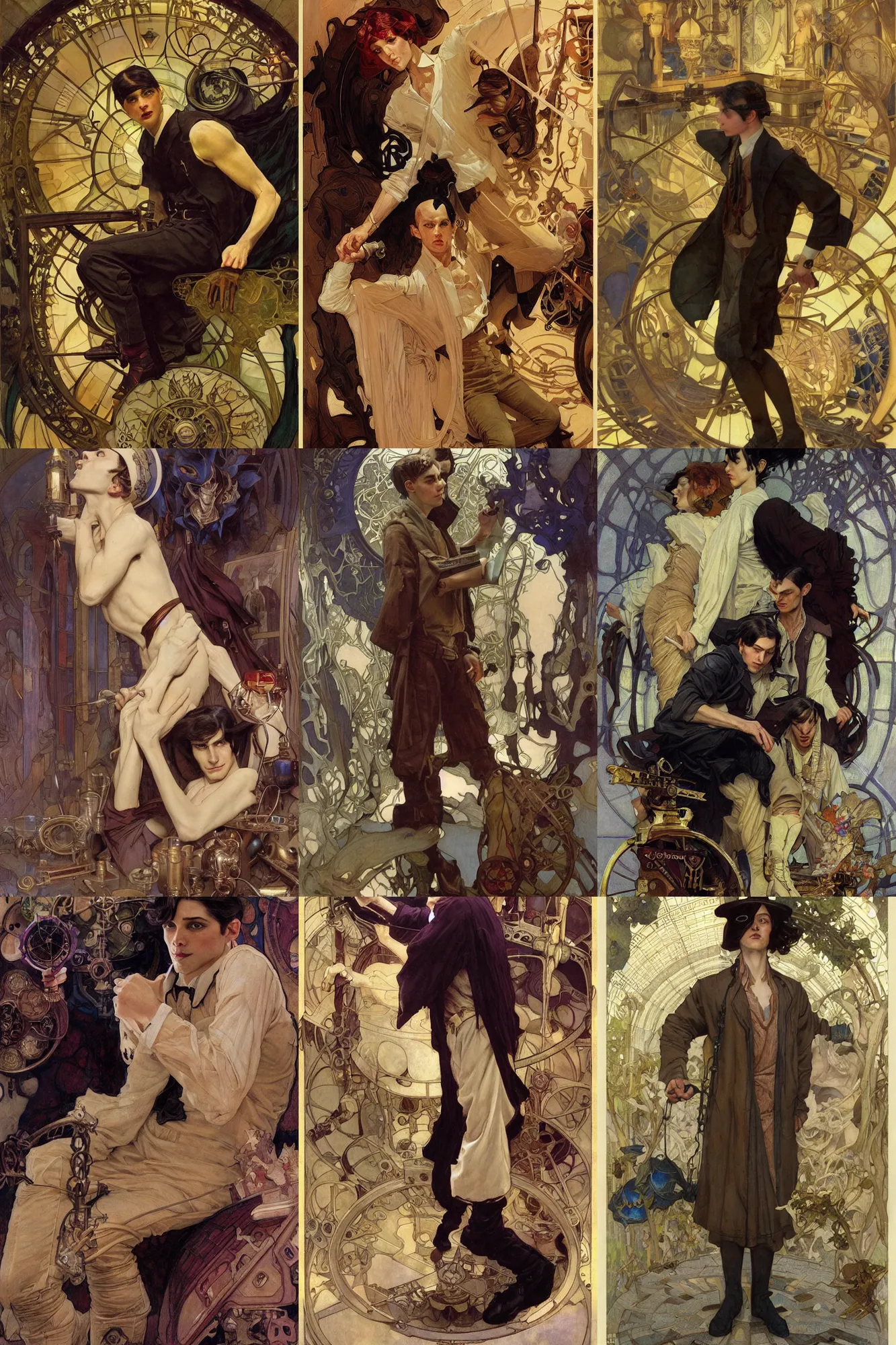 Prompt: thin young male alchemist, long dark hair, 1 9 2 0 s fashion, art by joseph leyendecker, donato giancola, dean cornwell, ruan jia, marc simonetti, peter mohrbacher, ayami kojima, cedric peyravernay, alphonse mucha