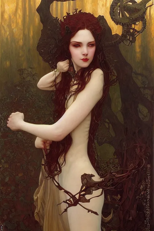 Image similar to masterpiece painting of beautiful vampire girl by donato giancola, darius zawadzki and tom bagshaw, face by artgerm and edmund leighton, alphonse mucha, background by james jean and gustav klimt, 8 k, biomechanical horror, majestic, volumetric lighting, porcelain skin, french nouveau, trending on pixiv