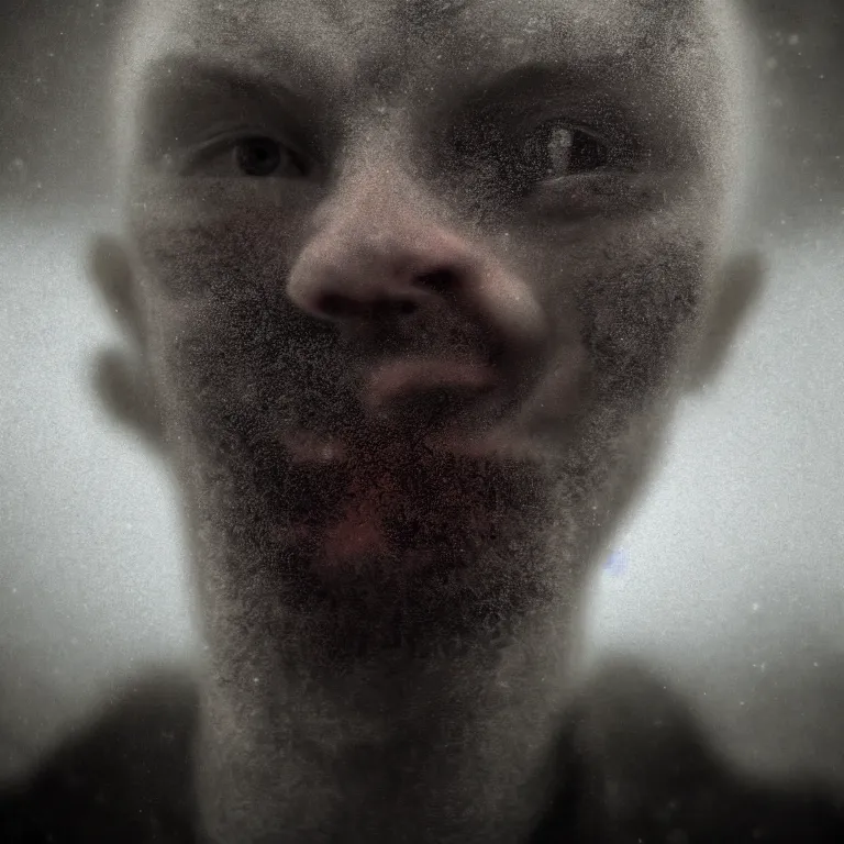 Prompt: surreal closeup portrait photo of man face by on exoplanet, baroque painting, desolate empty wasteland, creepy, nightmare, dream-like heavy atmosphere, dark fog, surreal abandoned buildings, baroque painting, beautiful detailed intricate insanely detailed octane render trending on Artstation, 8K artistic photography, photorealistic, volumetric cinematic light, chiaroscuro, Raphael, Caravaggio, Beksinski, Giger, Dali