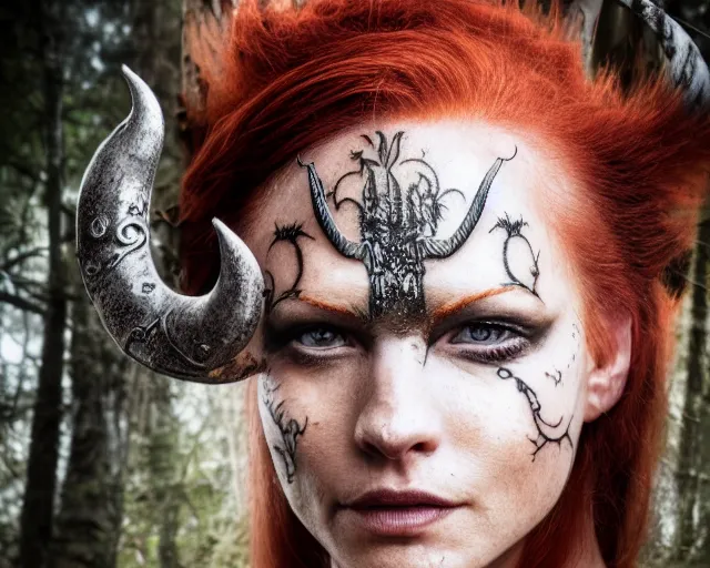 Image similar to 5 5 mm portrait photo of an armored redhead woman warrior with a face tattoo and horns growing from her head, in a magical forest. by luis royo. highly detailed 8 k. intricate. lifelike. soft light. nikon d 8 5 0. cinematic post - processing