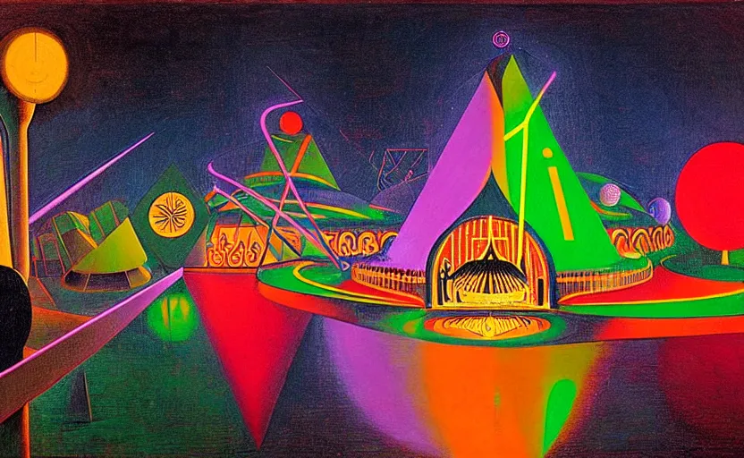 Prompt: geometric neon painting of tomorrowland by hieronymus bosch