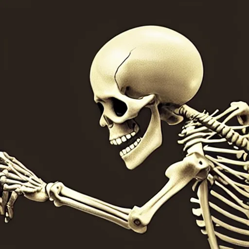 Prompt: A photo of a skeleton reaching out towards a computer screen with the word “soon” on it