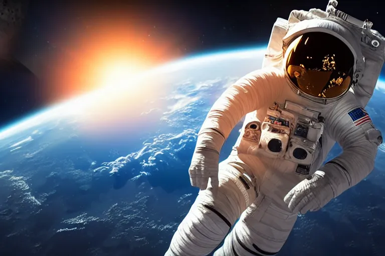 Image similar to astronaut in space wearing a spacesuit floating, meteor hitting earth in background, highly detailed, photorealistic portrait, bright studio setting, studio lighting, crisp quality and light reflections, unreal engine 5 quality render