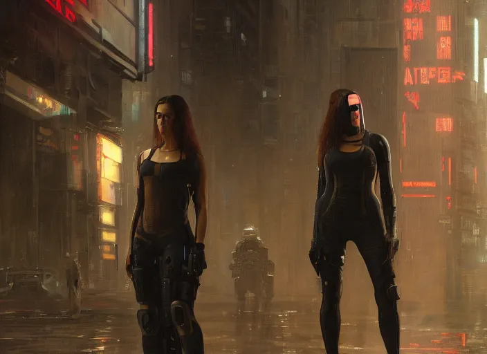 Image similar to Cyberpunk female hacker wearing stealth suit hiding from police patrol (blade runner 2049, cyberpunk 2077). Orientalist portrait by john william waterhouse and James Gurney and Theodore Ralli and Nasreddine Dinet, oil on canvas. Cinematic, hyper realism, realistic proportions, dramatic lighting, high detail 4k