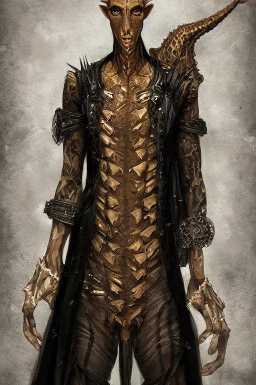 Image similar to beautiful full body portrait of a human - giraffe hybrid male wizard, scaley!! black onyx skin, wearing a fancy tunic, by wlop and artgerm, steampunk fiction, detailed deep black eyes, space background, trending, on artstation.