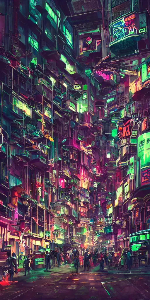 Prompt: lively futuristic sci-fi city superstructure, neon lights and illuminated windows, grungy textures and graffiti, crowds of people, cinematic street view, clean detailed 8k sci-fi illustration, trending on art station