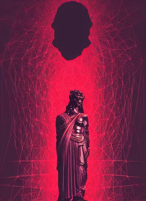 Image similar to dark design poster showing a statue of a greek god, black background with very subtle red and purple design elements, powerful, nekro, vito acconci, thin straight lines, dark, glitch art, neo vaporwave, gritty, layout frame, square, trending on artstation