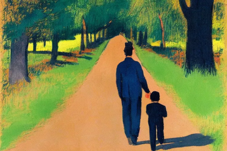 Prompt: a man with dark hair holding the hands of a young boy with dark hair as they walk down a suburban highway on a bright beautiful colorful day. part in the style of an edgar degas painting. part in the style of david hockney