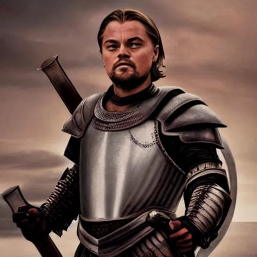 Image similar to portrait of leonardo dicaprio as a templar knight in full plate armor