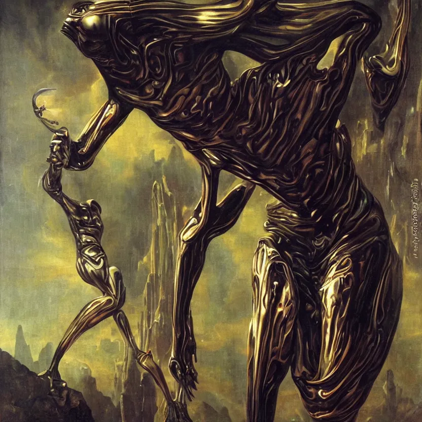 Image similar to futuristic alien reaching through a framed painting, pulp sci - fi art for omni magazine. high contrast. baroque period, oil on canvas. renaissance masterpiece