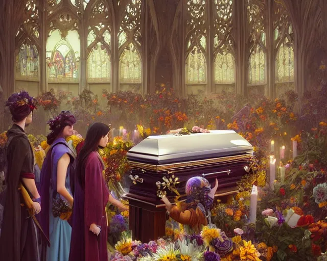 Prompt: a funeral with coffin, flowers and mourners in a coles supermarket, photography of kurzgesagt, deep focus, d & d, fantasy, intricate, elegant, highly detailed, digital painting, artstation, concept art, matte, sharp focus, illustration, hearthstone, art by artgerm and greg rutkowski and alphonse mucha