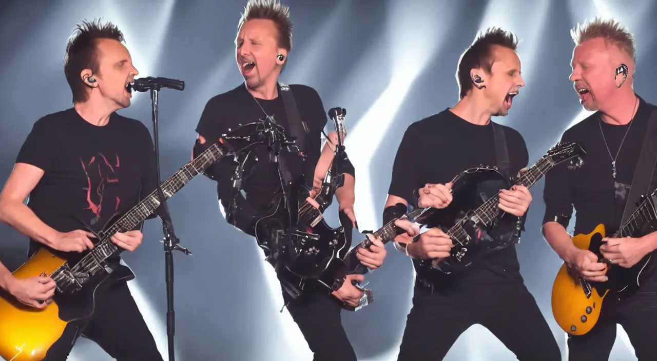 Image similar to matt bellamy and james hetfield playing on stage together, 2 0 2 2 live music video, shot on sony a 7