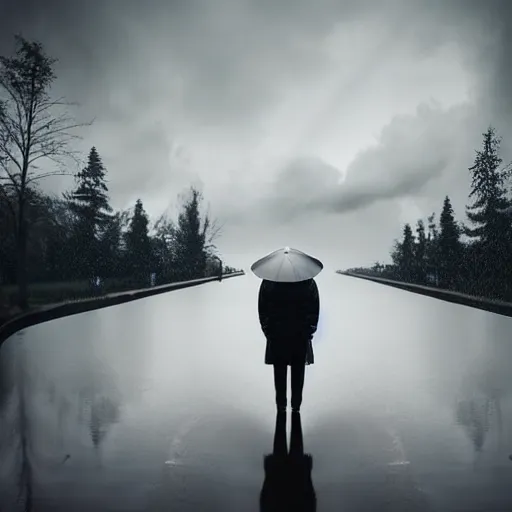 Image similar to dramatic picture of a person standing sideways far away in the middle of a heavy rain surround by grey and grey clouds realistic photo cinematic