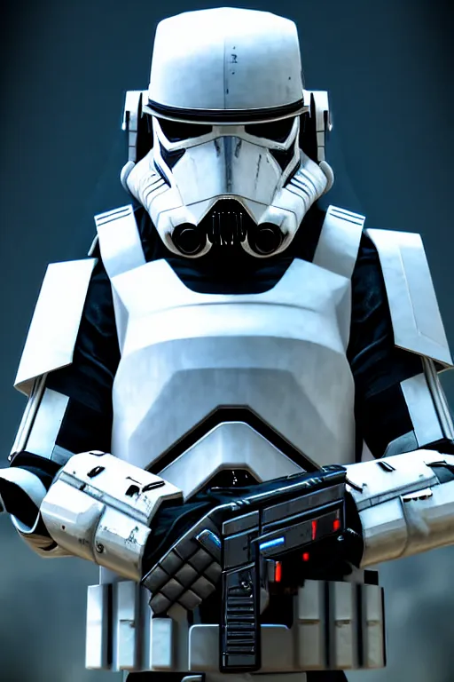 Prompt: futuristic portrait art of an armored cyberpunk stormtrooper, futuristic style stormtrooper, cyberpunk, game screenshot from cyberpunk 2 0 7 7