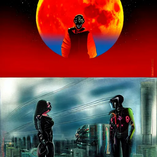 Image similar to surreal, nuclear blast and a full red moon eclipse, cyberpunk, art by jeff lyons, sandra pelser, art by bryen frost