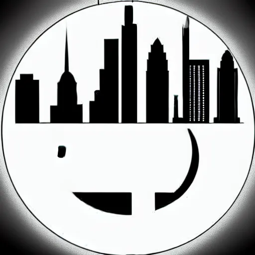 Image similar to a perfect circle, the outer edge of the circle is hugged by the silhouette of a city skyline, black and white, minimalist, in the style of a line drawing