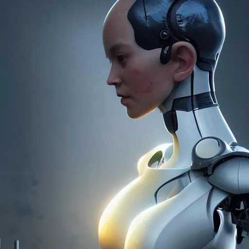 Image similar to humanoid female robot with a visible heart, concept art, highly detailed, great cinematic lighting, 8 k, depth of field, 3 d, art by greg rutkowski, trending on artstation, cinematographic shot