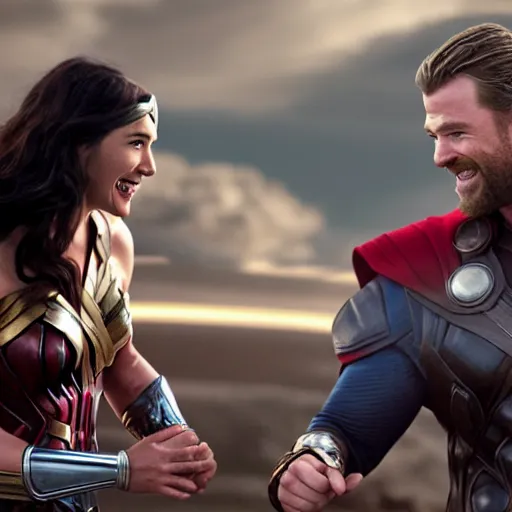 Prompt: cinematic film scene of Thor Chris Hemsworth and wonder woman gal gadot laughing having a beer, MCU, photo realistic, ultra detailed, trending on artstation, concept art, unreal engine render, 16k