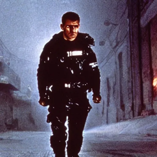 Image similar to film still blade runner Officer Deckard wearing Acronym + Nike ACG techwear