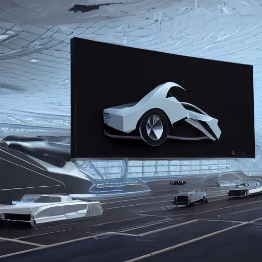 Prompt: sci-fi cars and wall near structure on the coronation of napoleon painting : and digital billboard in the middle and everything in style of zaha hadid and suprematism forms, unreal engine 5, keyshot, octane, artstation trending, ultra high detail, ultra photo realistic, 8k, 16k, in plastic, dark, tilt shift,