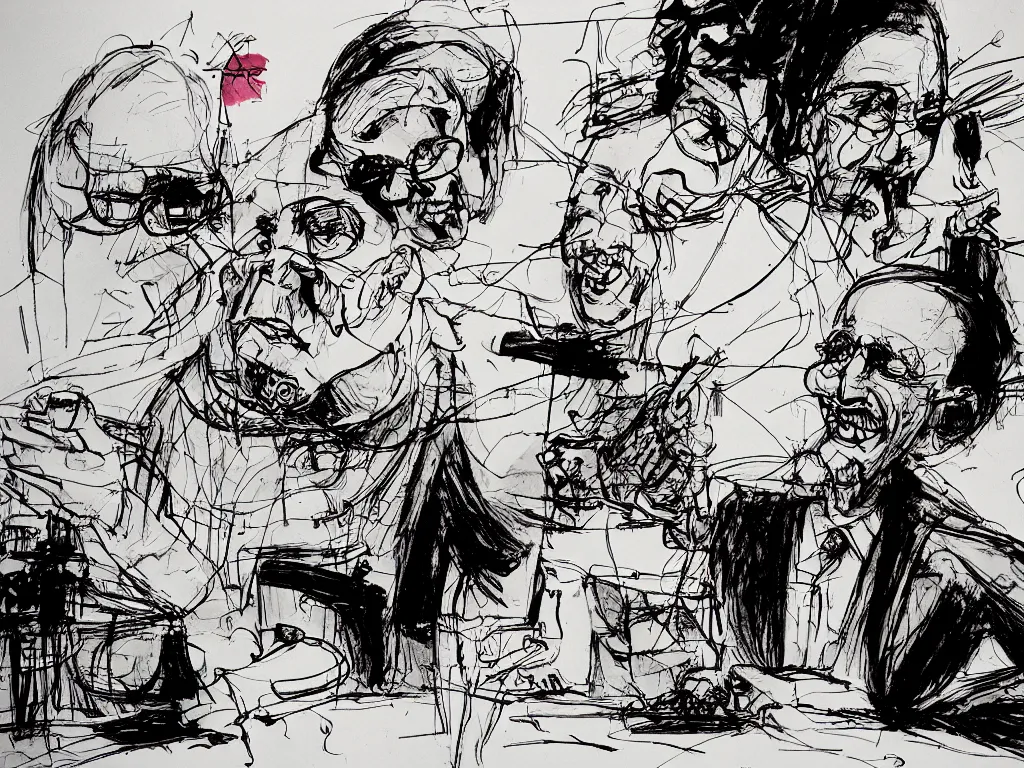 Prompt: backend programmers solving problems for silly tech artists, ralph steadman style