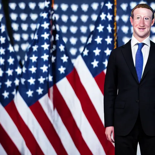 Prompt: Mark Zuckerberg the president of the united states wearing a black suit with a US Flag pin, EOS-1D, f/1.4, ISO 200, 1/160s, 8K, RAW, unedited, symmetrical balance, in-frame, Photoshop, Nvidia, Topaz AI