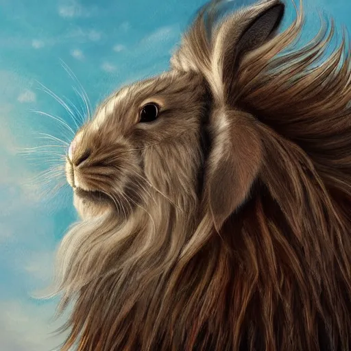 Prompt: profile view of cute fluffy white lop eared bunny rabbit with long colorful flowing lion mane blowing in the wind with mohawk top hairstyle hybrid animal detailed painting 4 k