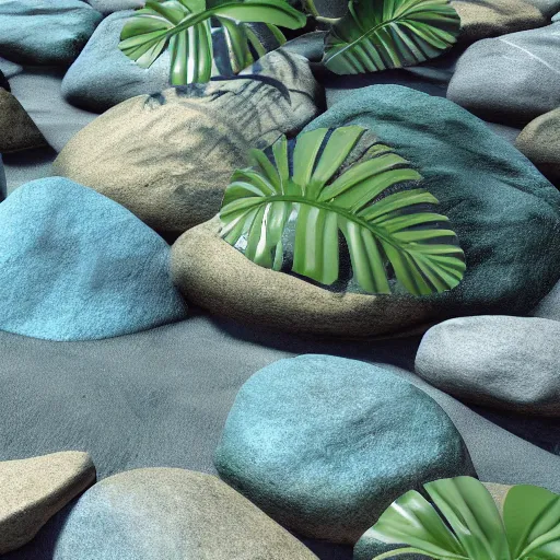 Prompt: tropical leaves, flora and fauna and flowery rocks closeup by rippling blue water, path traced, environment, highly detailed, concept art, realistic, octane render, up close shot