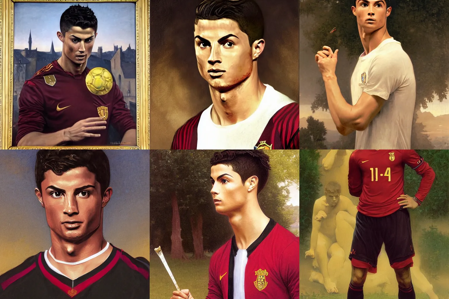 Prompt: A painting depicting Cristiano Ronaldo as Harry Potter, the work of William Adolphe Bouguereau. During the golden hour. Extremely detailed. Nicely. 4K. Award-winning