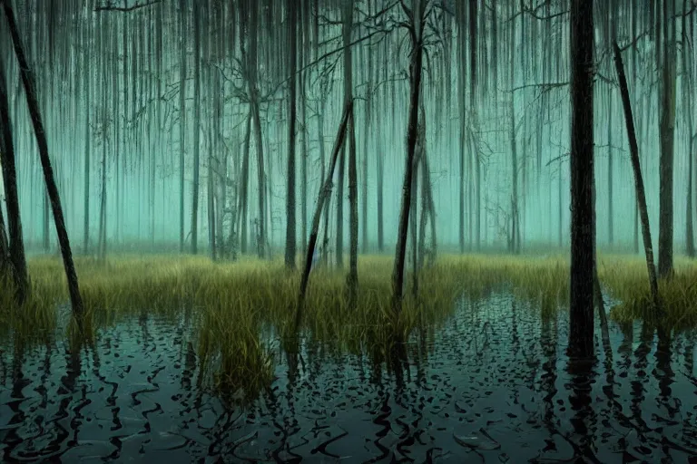 Image similar to scene from louisiana swamps,, neon cross, voodoo, 8 k, hyper detailed, artwork by tim eitel