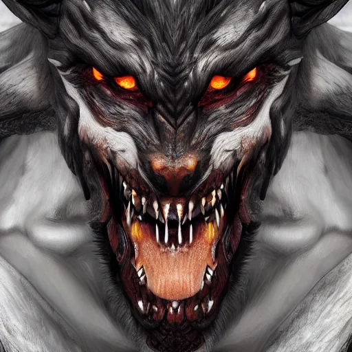 Prompt: a digital art close up portrait of werewolf demon from warhammer, scary werewolf character sheet, 4 k, ultra detail, volumetric lighting, unreal engine, octane render