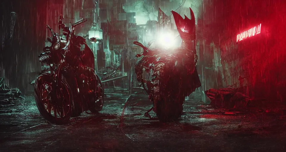 Image similar to The Batman Who Laughs and His Psycho Batcycle In A Dimly Lit Misty Sewer, red fluid, bats, sunset, volumetric lighting, hyperrealistic, beautiful details, HDR, octane render, action shot, wide angle, bokeh, Yasushi Niarasawa Moebius Giger Style