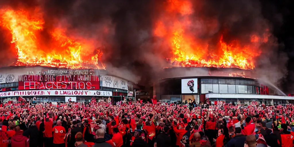 Prompt: old trafford theatre of dreams on fire during protest against the glazers, # glazersout, chaos, protest, banners, placards, burning, pure evil, 8 k, by stephen king, wide angle lens, 1 6 - 3 5 mm, symmetry, cinematic lighting