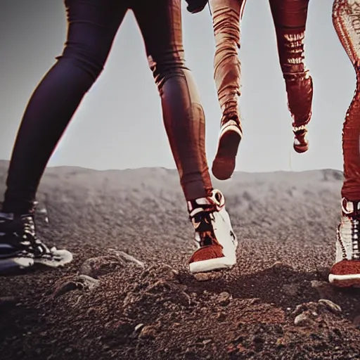 Image similar to up close 3 friends on dusty Mars soil in the future walking together all wearing stylish futuristic clothing picture taken with 5 mm camera nokia, intricate, ultra HD, super detailed, realistic, award-winning picture