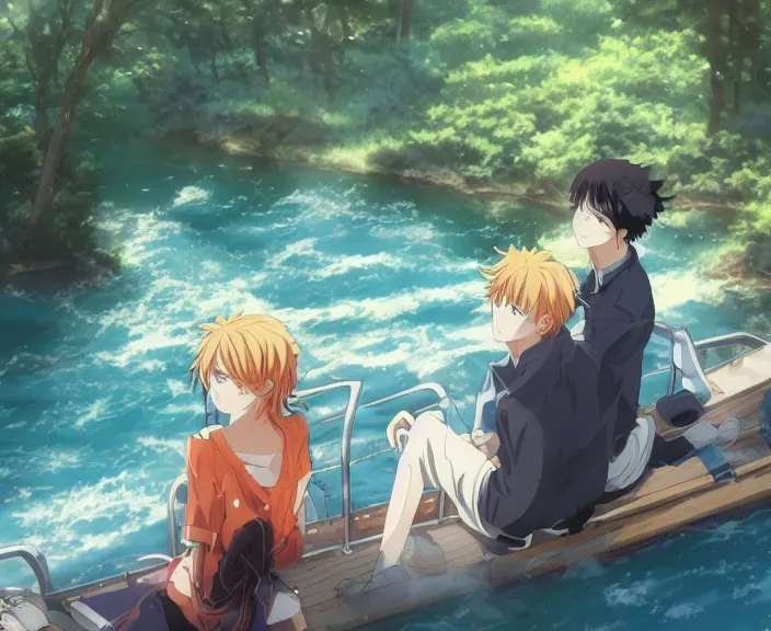 Image similar to anime key visual of a young man anime and young woman anime sitting together on one single boat. Romantic. Girl has auburn hair. Boy has short black hair. Narrow river in a forest, rocky shore, trees, shady, blue waters, ripples, waves, reflections, details, sharp focus, illustration, by Jordan Grimmer and greg rutkowski, Trending artstation, pixiv, digital art